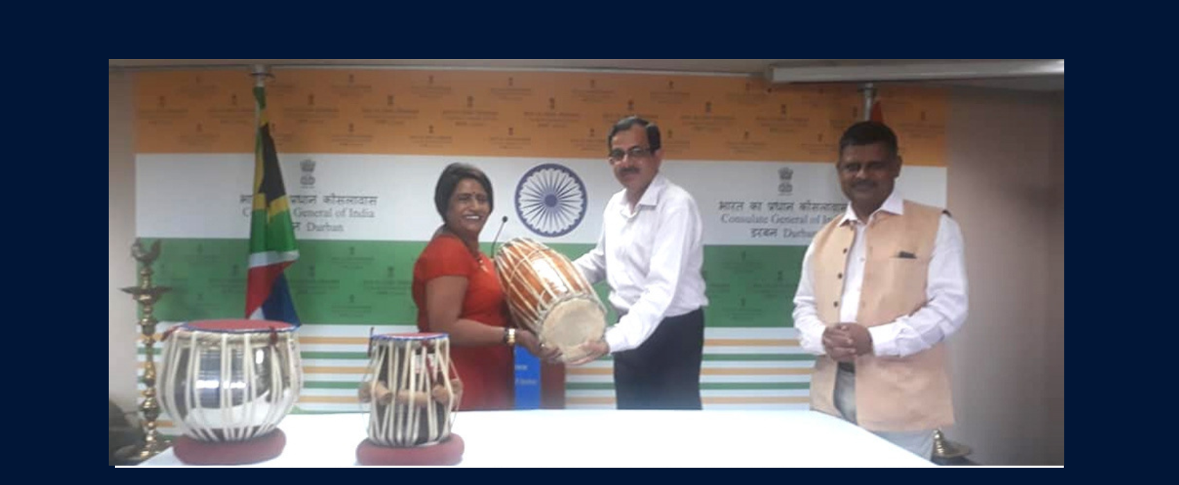 Consul (Consular Section ) Mr.A.K.Pathak and Director, SVCC Dr.C.P.Yogi gifted Music Instruments to Ms. Shirley Naidoo of Sri Sathya Sai Seva Organization of Puntans Hill today afternoon at Consulate General of India, Durban.